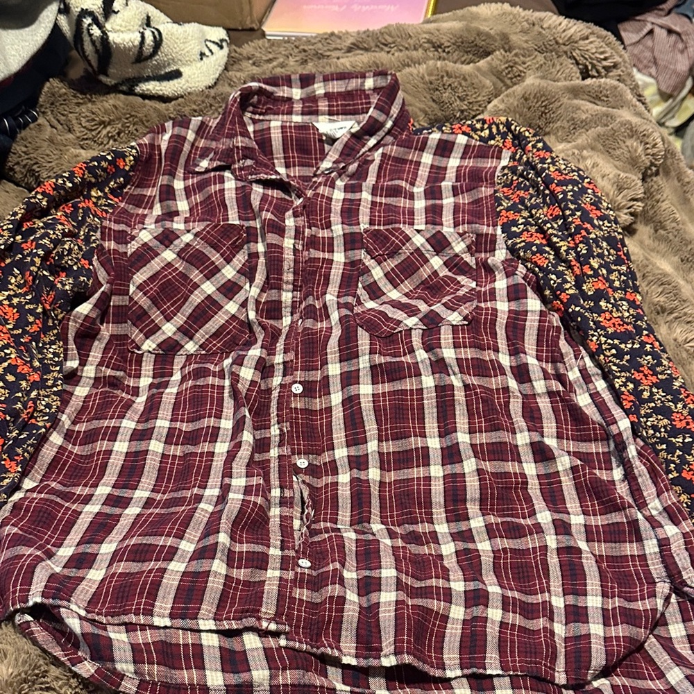Bethany Mota Burgundy Plaid floral Button Down Shirt